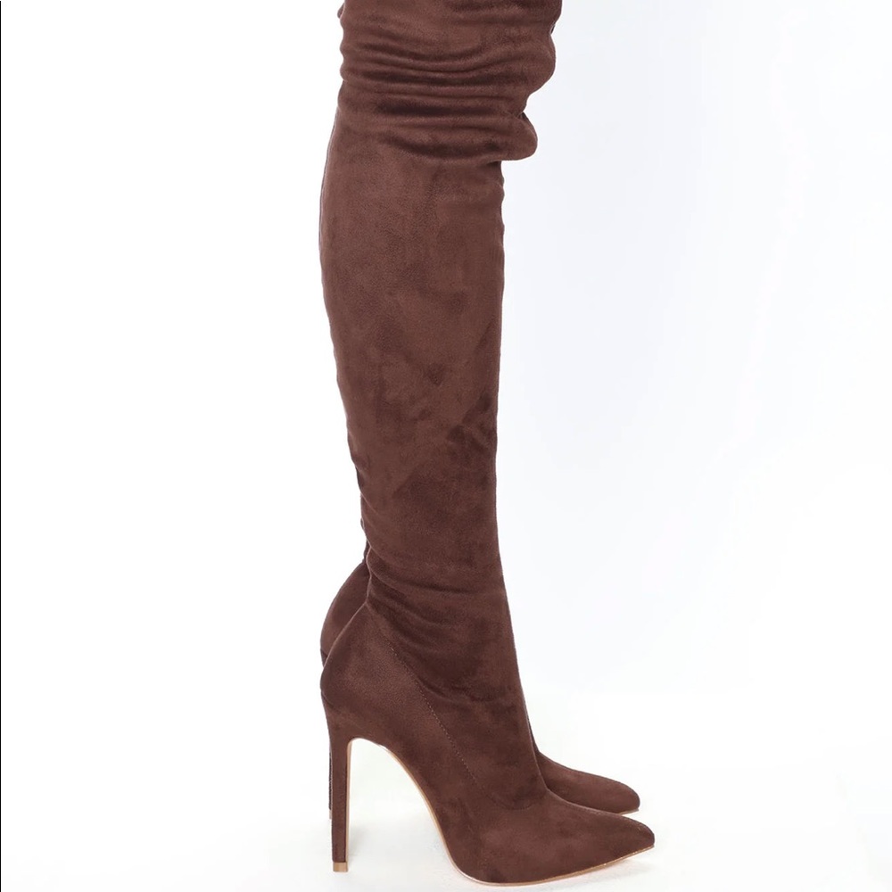 Fashionnova thigh high chocolate stiletto boots